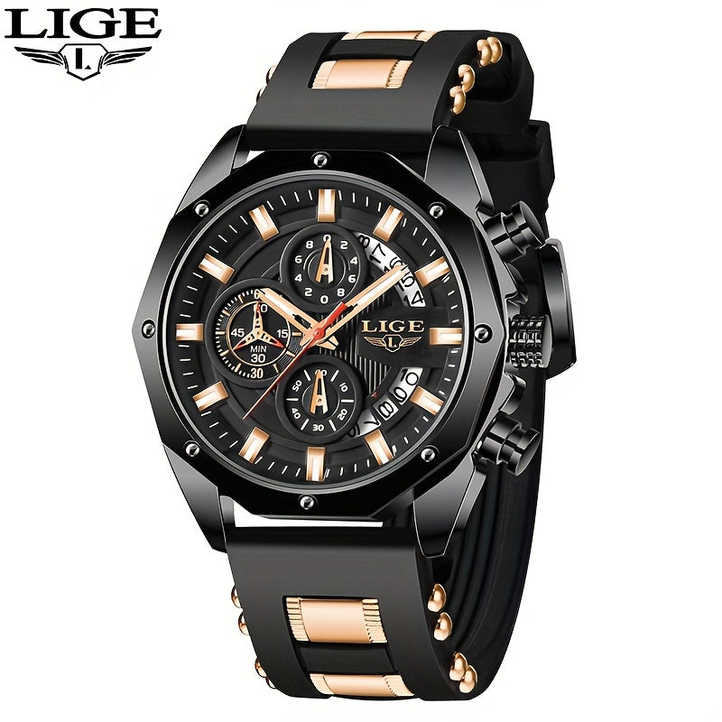 LIGE New Fashion Men's Watch. Chronograph Calendar luminous Quartzwatch. Outdoor Casual Waterproof Sports Watches. Suitable for giving to Men.