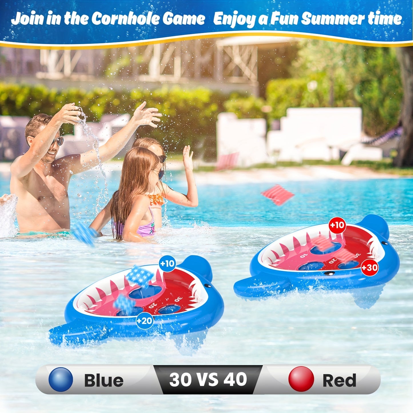 Eaglestone 2pcs Pool Shark Cornhole Toys For Kids, Inflatable Swimming Pool Toys For Adults Family, 8 Bean Bags Toss Game W/Sandbag Anchor, Floating Outdoor Beach Toys For Pool Game Party, Water Toy