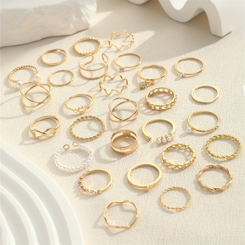 مجموعة خواتم كوكيت المتراصة من 28 قطعة - مرصعة بأحجار الراين، سلسلة لا نهائية عصرية، تصميم قلب، مزيج وتنسيق، للارتداء اليومي، إكسسوارات الحفلات، مجوهرات عصرية للنساء