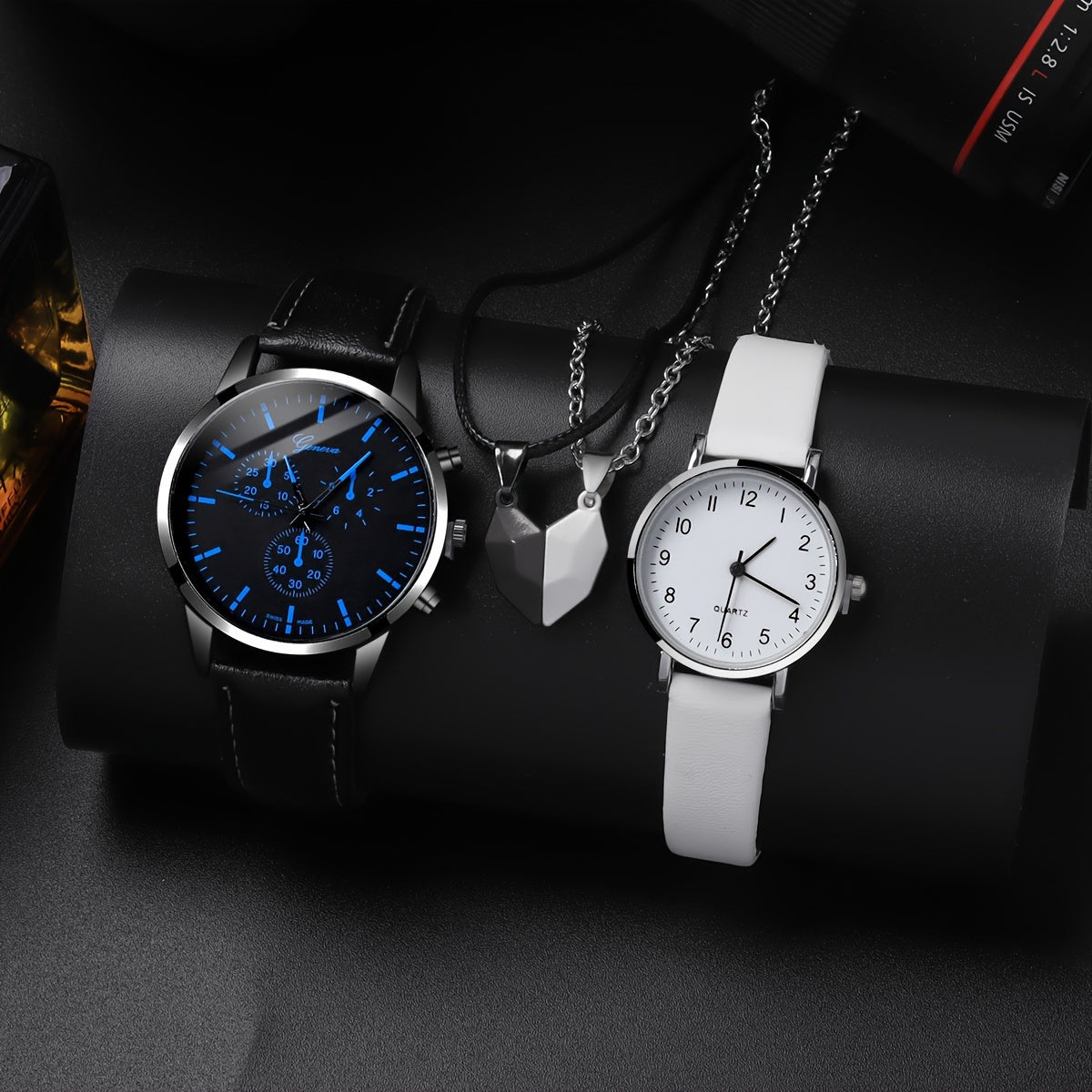 4pcs/set Romantic Couples Watch & Necklace Set - Stylish Quartz Watches with Adjustable Leather Bands & Matching Heart Pendants, Perfect Valentines Day Gift for Lovers