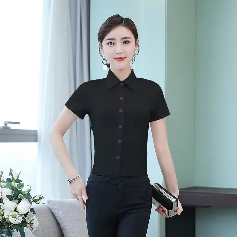 Fashion White Shirts Woman 2025 Autumn Short Sleeve Blouse Solid Ladies Tops OL Female Clothing Basic Work Shirt Women's Blouse SwiftNest