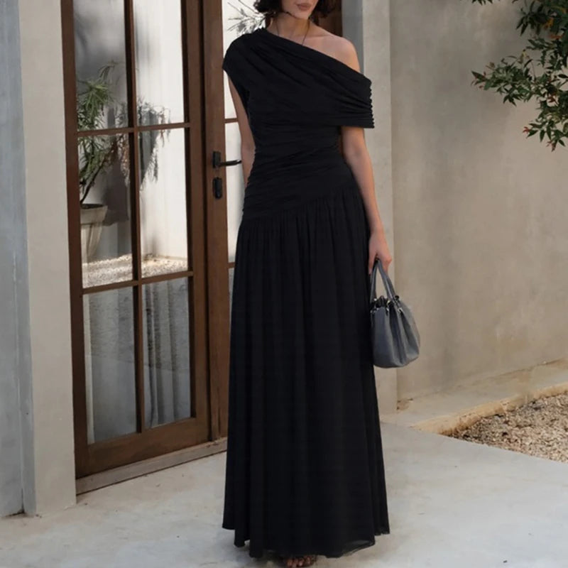 Women Fashion Hight Waist Pleat Solid Party Dress Summer Sexy Sleeveless Slim Maxi Dress Elegant Slant Neck Irregular Long Dress