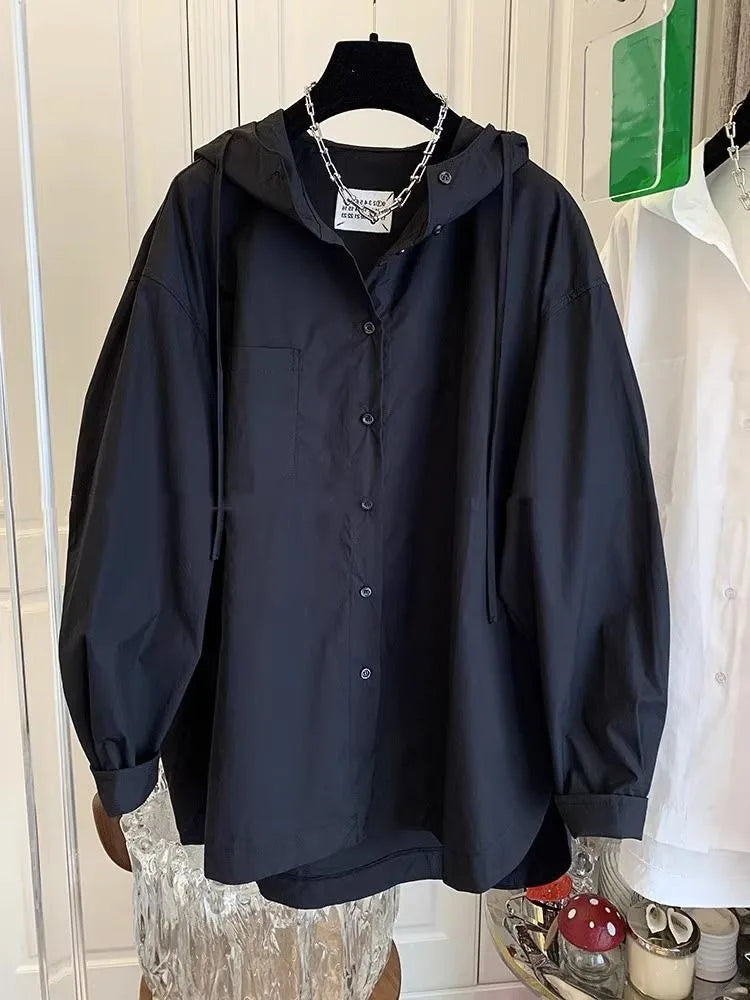 أزياء نسائية، بلوزات كبيرة الحجم، ملابس نسائية 2025، بلوزات نسائية أنيقة، قميص بقلنسوة بأكمام طويلة، معطف أبيض أساسي كاجوال