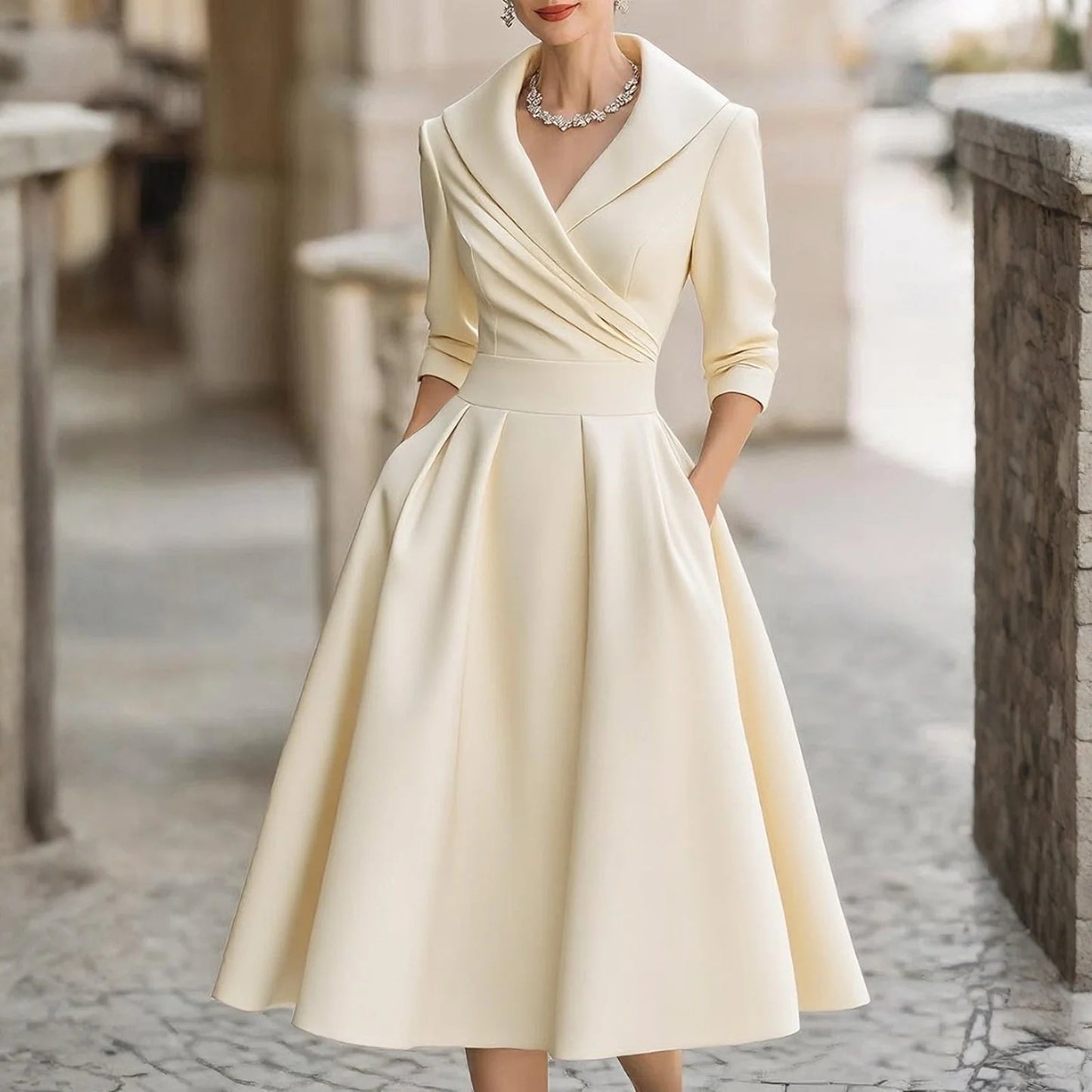 Women's Casual Fashion V-neck Retro Dress Elegant Waist Slimming Long-sleeved Party Dress Solid Color High Waist Commute Dress
