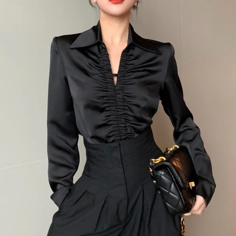 Women French Style Vintage Satin Luxury Designer Shirts Spring Autumn Fashion Elegant Blouse V Neck Long Sleeve Tops Chic Blusas SwiftNest