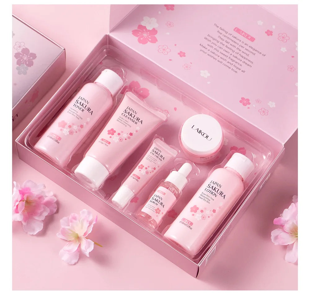 Laikou 6pcs/set Sakura Skin Care Sets Facial Cleanser Moisturizing Eye Creams Face Cream Serum Lotion Skin Care Kit