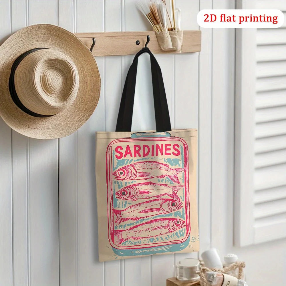 1pc Vintage Sardines Illustration Tote Bag - Retro Design, Durable Polyester Unisex Shoulder Bag for Men & Women