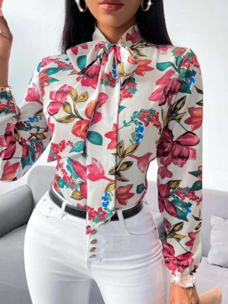Women's Fashion Work Clothes Floral Print Bow Tie Shirt Fashion Office Dress up Women's Business Casual Clothing