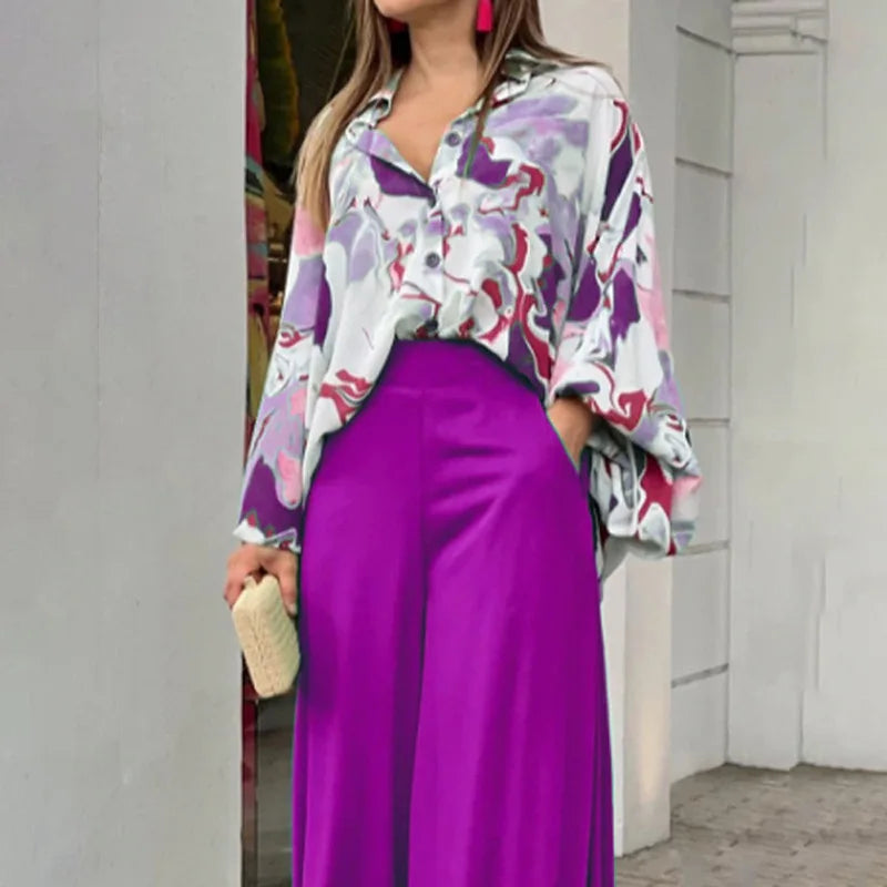 Fashion Casual Set Women 2024 Tops Shirt Elegant Wide Leg Pants Set Sense Of Design Printed Bell Sleeve Shirt Wide Leg Pants SwiftNest