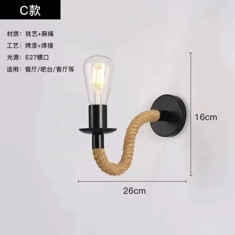 Bedside bedroom decorative wall lamp retro staircase hallway iron hemp rope lamp American industrial style Sconce lamp