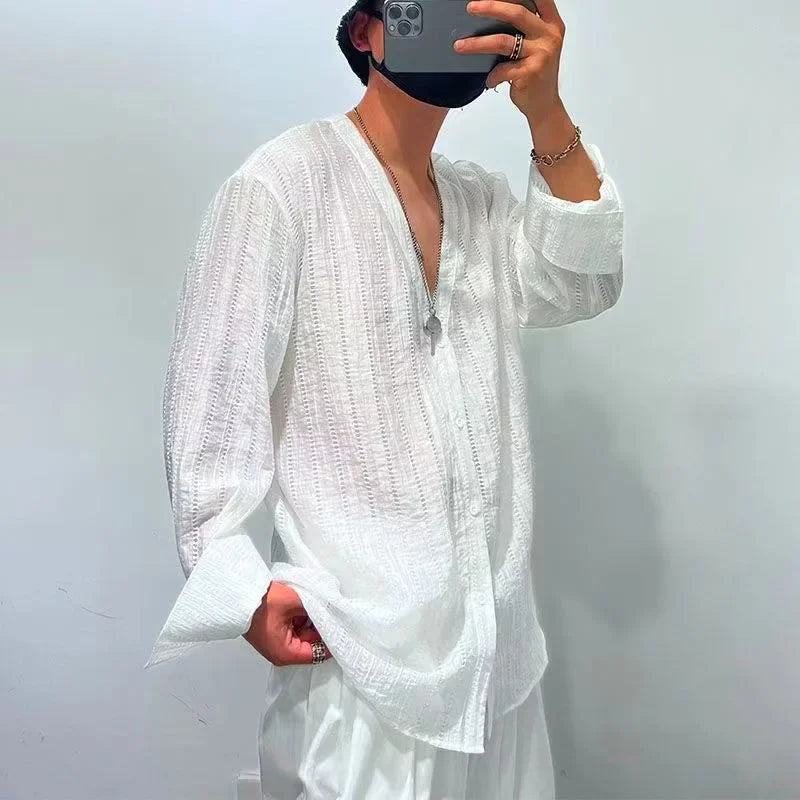 قمصان رجالية ربيعية جديدة، تي شيرت فضفاض بأكمام طويلة من الدانتيل للرجال