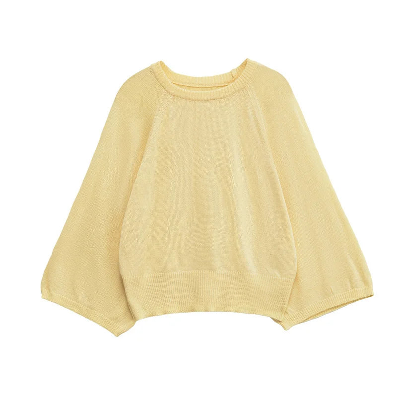 2025 New Women's Casual Fashion Trendy Round Neck Wide Sleeve Comfortable Knitted Sweater Top Yellow Blouse Daily Outlooks