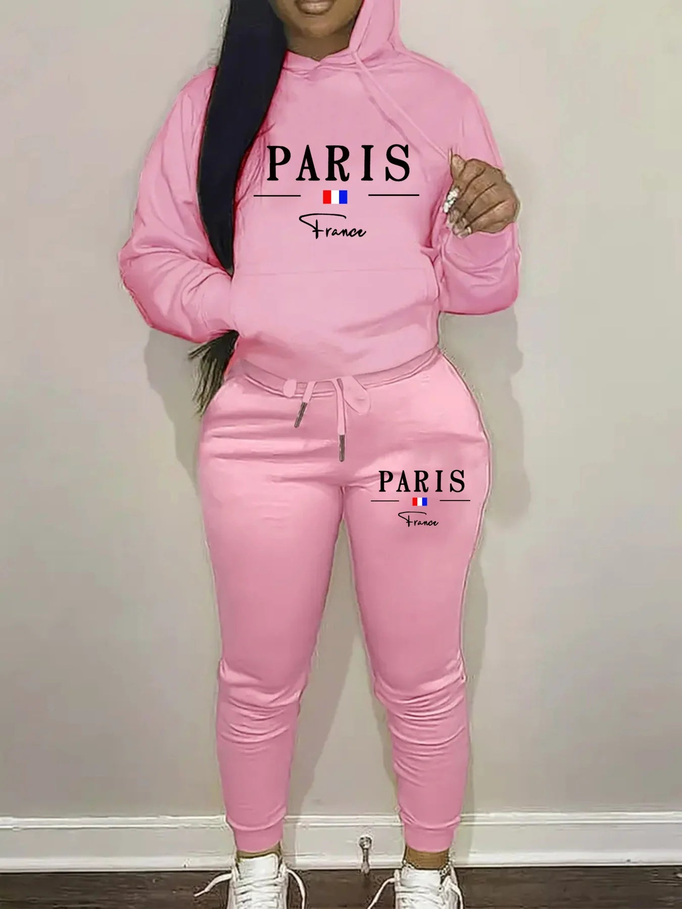 Women's Autumn/Winter Fashion and Leisure Paris Pattern Printed with Velvet Warm Thick Hoodie+Sports Pants Set SwiftNest