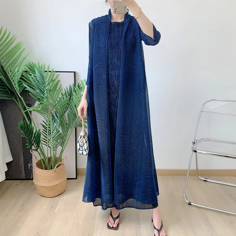 Womens Dresses Fashion 2025 Pleated Clothing Womens 2 Piece Outfit Two Piece Sets Metallic Fabrics Casual Long Dresses