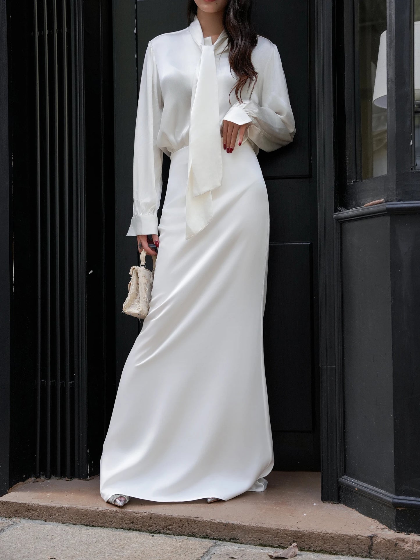 Women's Fashion Trend Sexy Goddess Level Satin Silk Feeling Floor Dragging White Fishtail Skirt Half Skirt Long Sleeved Silk Top