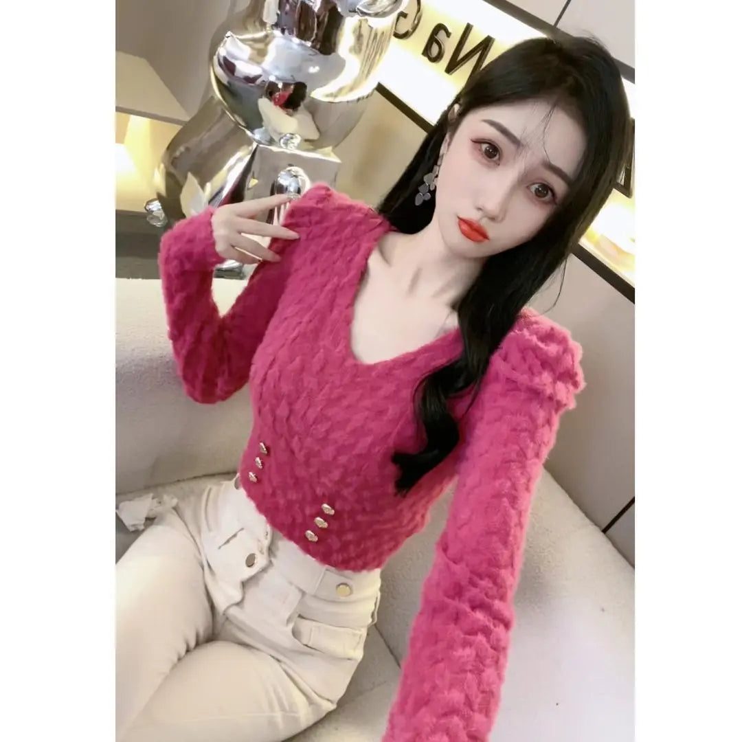 Women Clothes Spring Autumn Fashion Simplicity Elegant All-match Temperament Solid Color V-neck Puff Sleeve Button Long Sleeve T