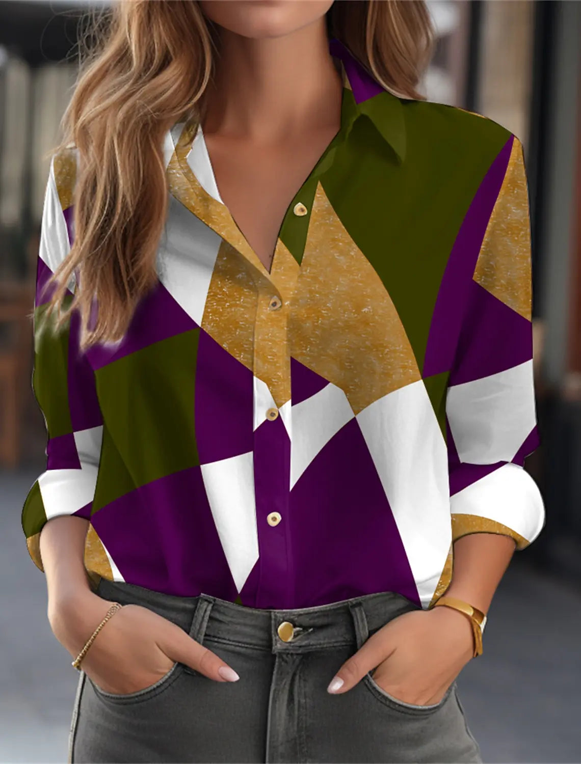 Women's Fashion Geometric Buttons Blouse Lapel Neck Blouse Womens Long Sleeve Shirts Womens Clothing Female Clothing