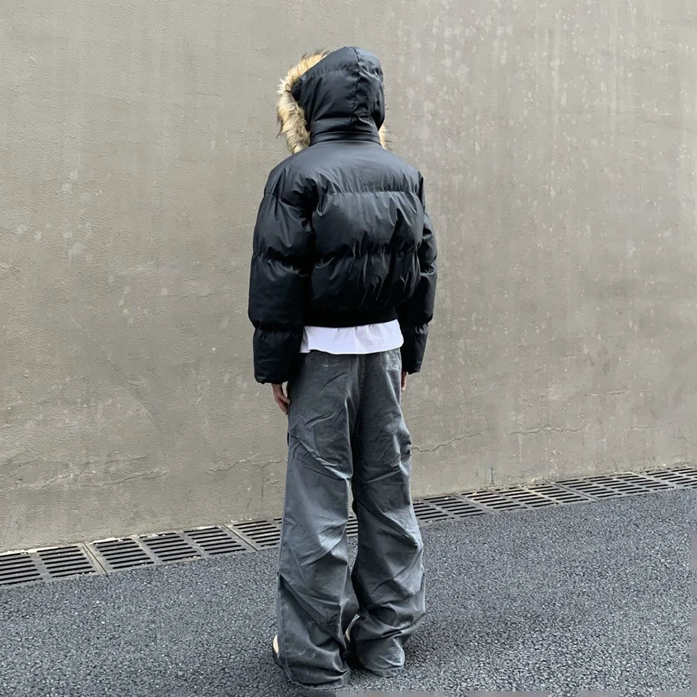 Mens Fashion Trend Hooded Fur Collar Cotton Coat Autumn And Winter Advanced American Street Thickened Coat Short Y2k Jacket Men