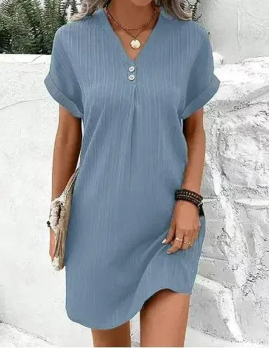 Women's Fashion Loose T-Shirt Dress Ladies V Neck Short Sleeve Beach Baggy Solid Sundress Clothing