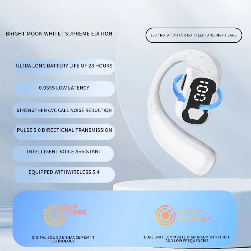 Wireless Bluetooth 5.4 open 180 ° rotating air conduction headset with LED battery display on both ears and microphone earphone