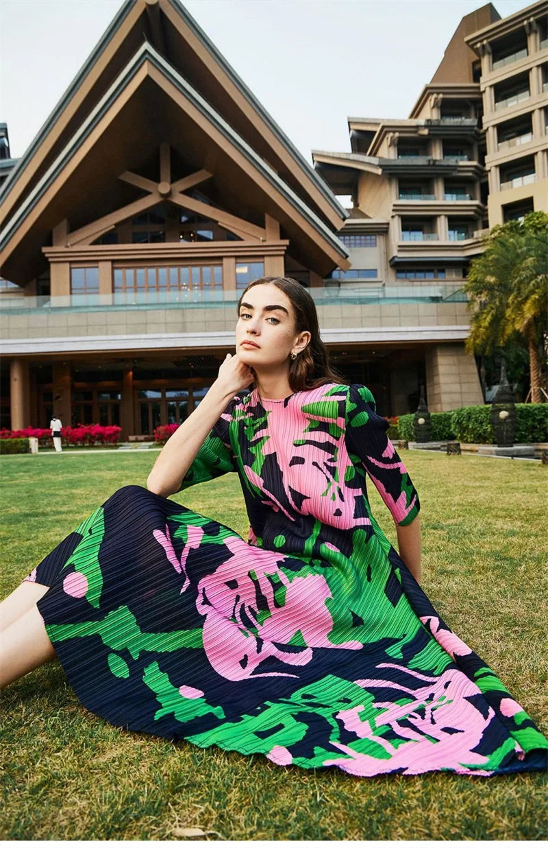 Women's Dress Womens Dresses New Pleated Fashion Temperament Loose Plus Size Dress Slim 2025 Long Skirt new Print Long Section