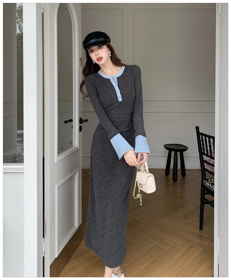 2025 Spring New Women Fashion Casual O-neck Party Dresses Ladies French Elegant Slim Waist Knitted Long Dress Vestidos Longos