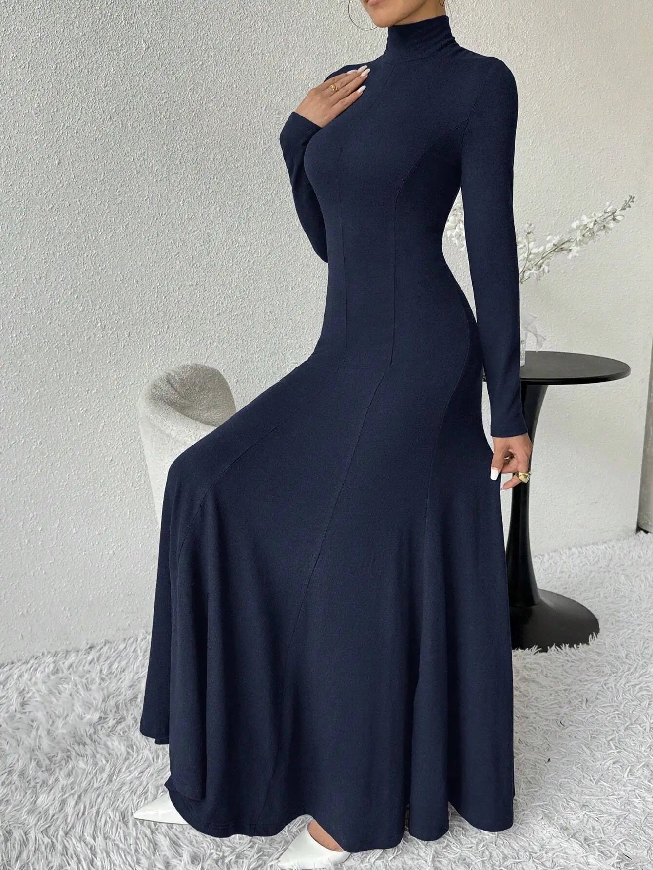 Women's Fashion Mature Style Dress Autumn Winter New High Neck Elegant Slim Fit Long Dress