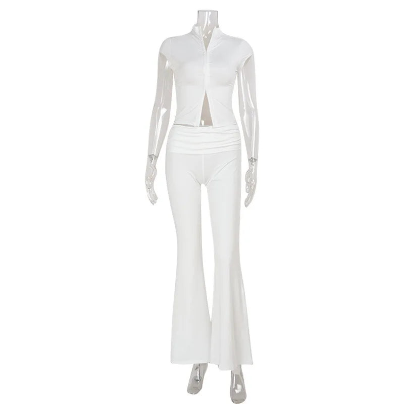 Women's Fashion Short Sleeve Pants Set Chic Tight Zipper Top Straight Leg Low Waist Trousers Casual Streetwear Commute Outfit