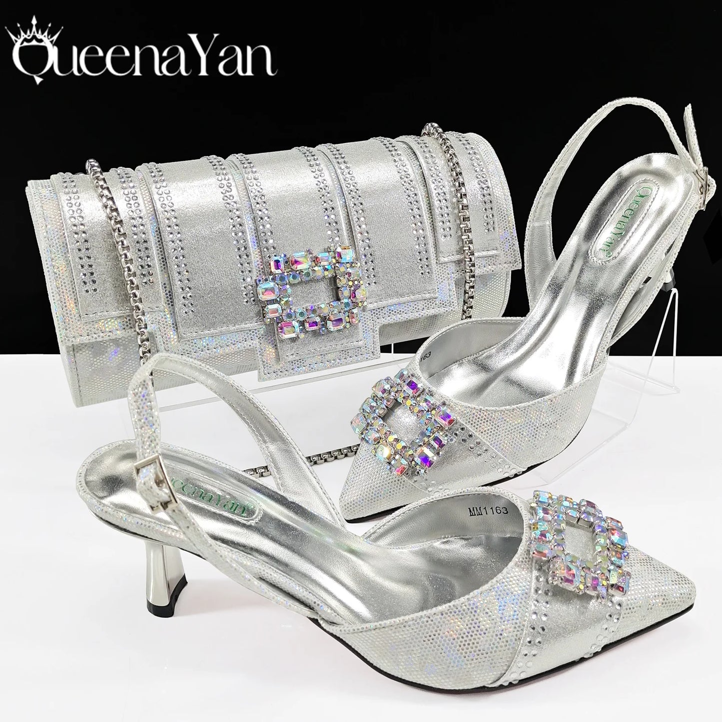 Spot Goods Italian Fashion Women Heels Elegant Color Block Design Brown Shoes And Bag Full Rhinestone Party Bag