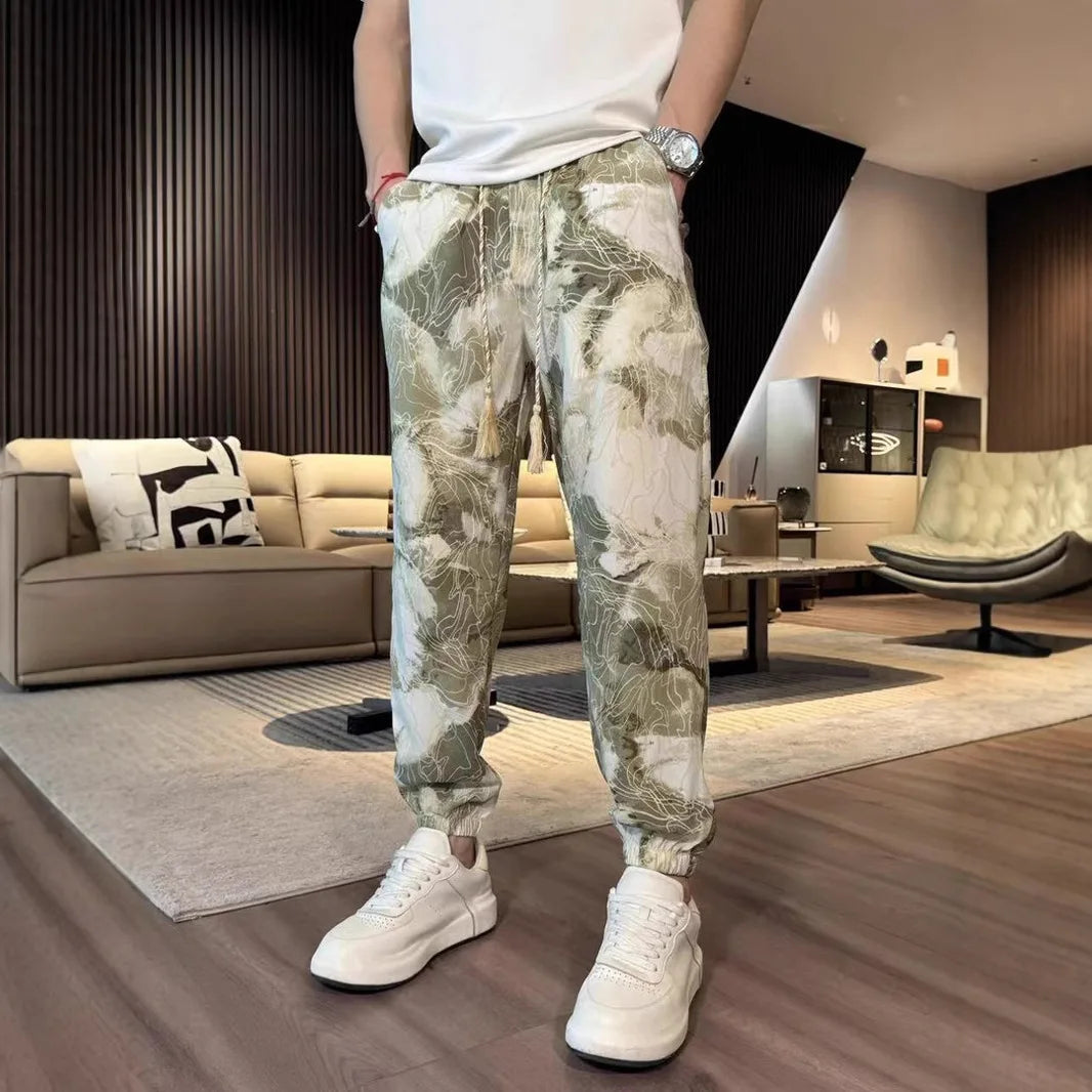 New Fashion Spring Summer Men's Straight Casual Pants Fashion Pocket Drawstring Guofeng Printing Breathable Sports Trousers