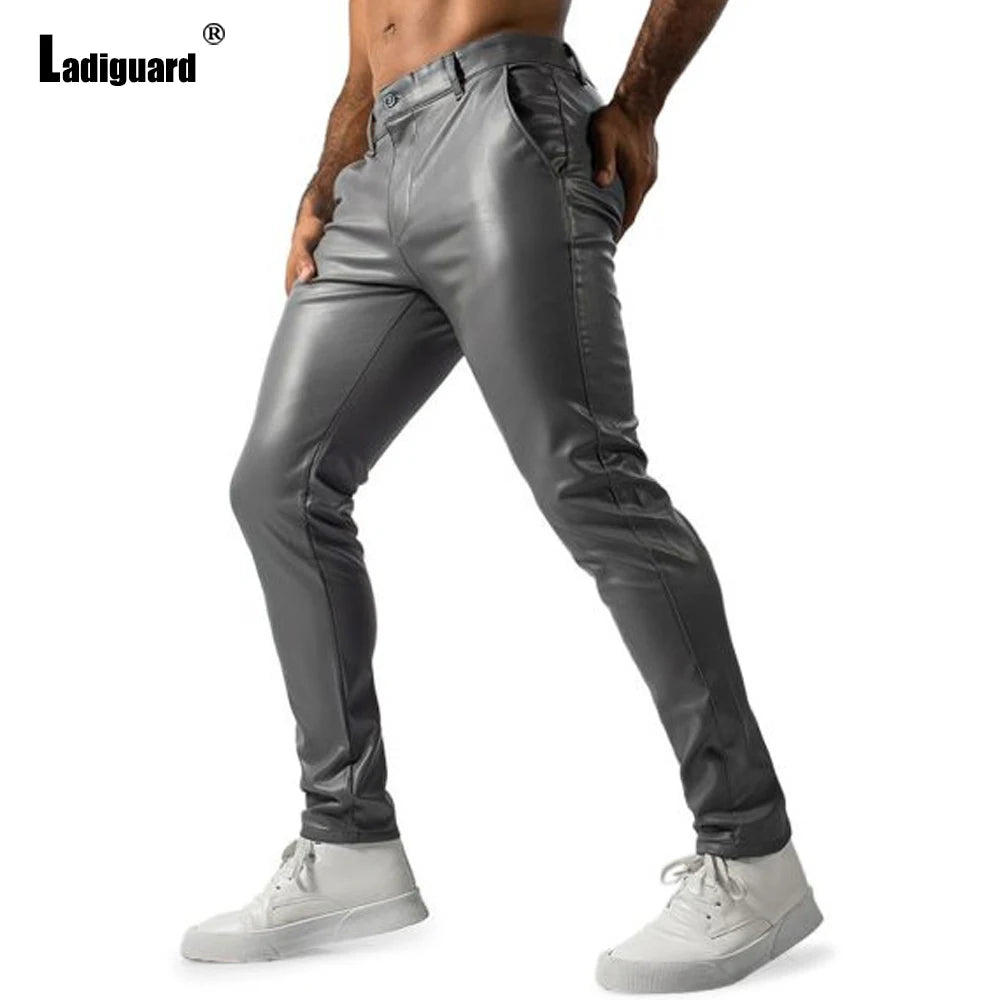 2025 Mens Fashion Rock Style PU Leather Pants Sexy Night Club Dance Pants Men's Grunge Faux Leather Slim Motorcycle Trousers New