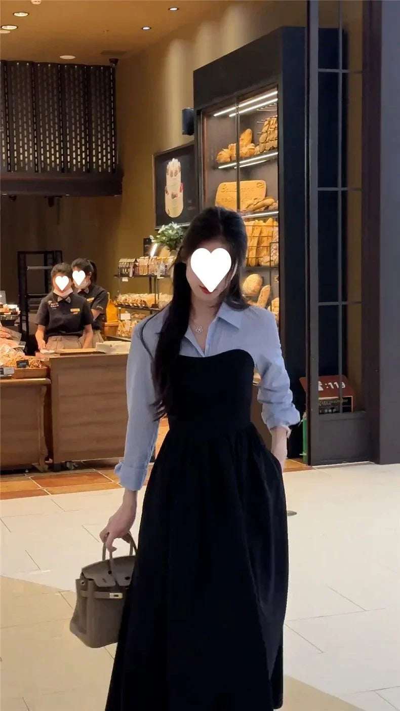 Women's Fashion Two-piece Illusionshirt Black Long Sleeve Dress High-end Feel Matching Set