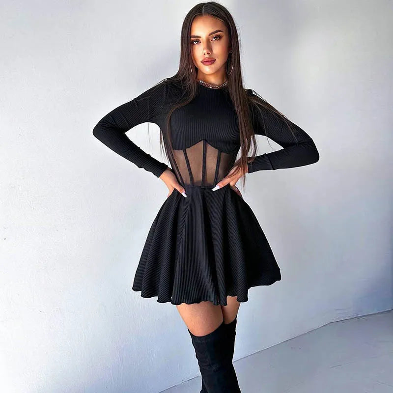 Women Fall Fashion A Line Dress Long Sleeve Crew Neck Stunning Mesh Splicing Corset Dress Y2K Going Out Night Club Party Dress SwiftNest