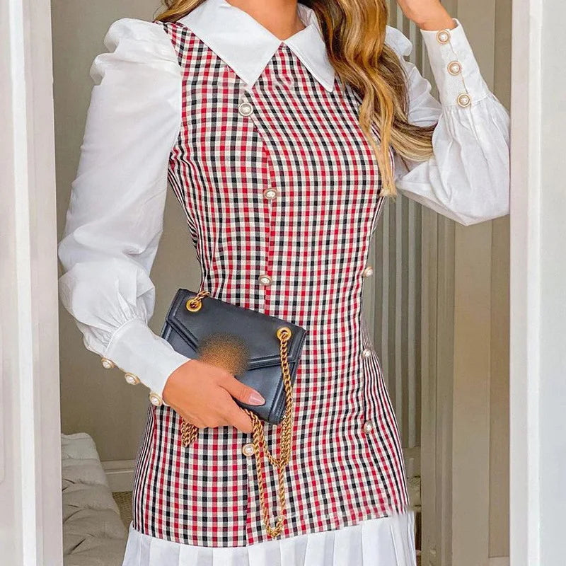 Womens Dresses 2024 Spring Fashion Houndstooth Button Decor Puff Sleeve Ruffle Hem Elegant Turn-Down Collar Daily A Line Dress SwiftNest