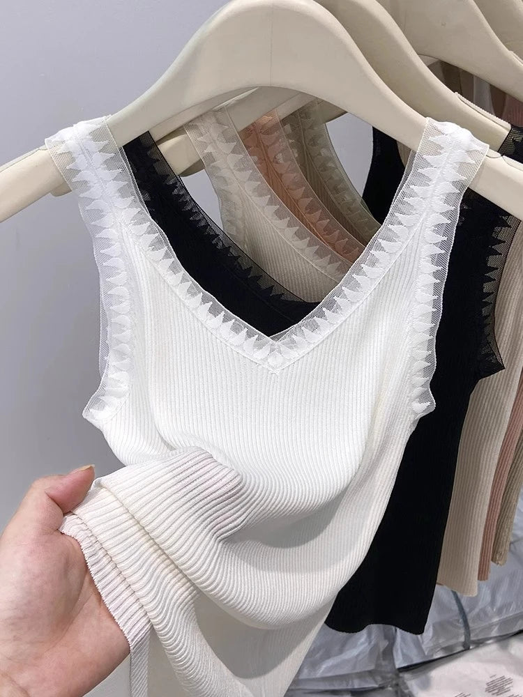 Women Summer Fashion Thin Knitted Undershirt Sleeveless Pullover Corset Top Half High Neck Comfortable Breathable Lace Tank Top SwiftNest
