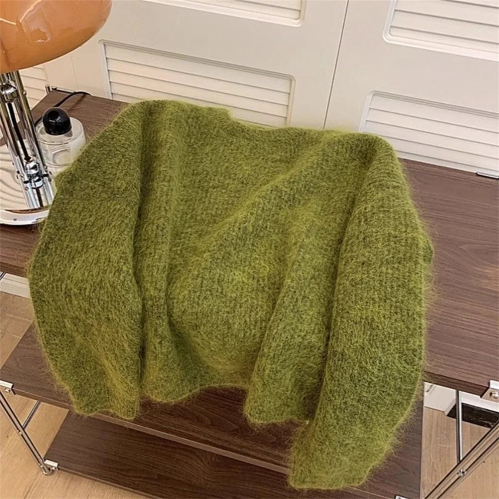 Women's Fashion Simple Casual Green Soft All Match Knitted Sweater Female O Neck Long Sleeve Loose Pullover Tops Sweaters Winter