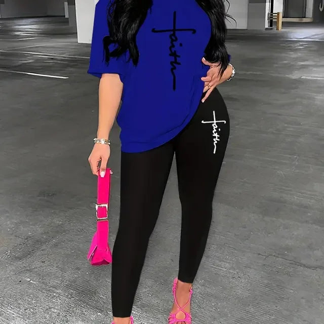 Women's summer fashion all-match Faith letter print loose large size T-shirt leggings two-piece set Short sleeves and long pants SwiftNest