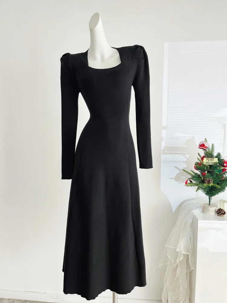 French Fashion Casual Women Inside Knitted Long Dress 2025 Spring New Long Sleeves Elegant Party Dresses Simple Vestidos Largos SwiftNest