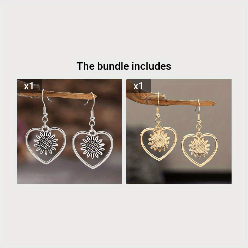 Retro Bohemian Hollow Heart With Sunflower Design Dangle Earrings Zinc Alloy Silver Plated Jewelry Female Trendy Gift