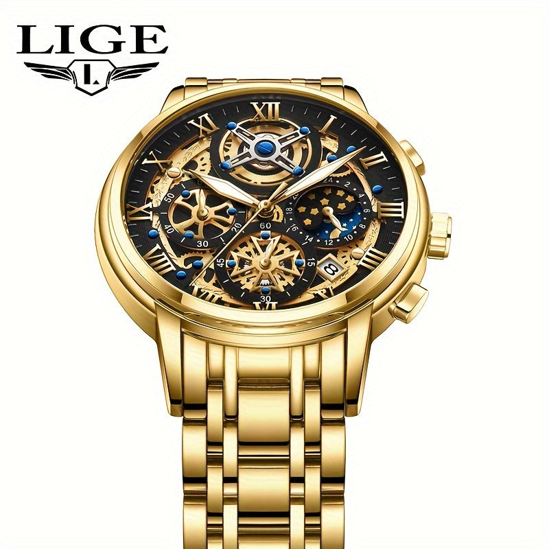 LIGE Noble Luxury Business men's Watch Stainless Steel Strap. Fashion Creative Gear Dial Waterproof Luminous Calendar Quartz Watches. Suitable for family gatherings as gifts