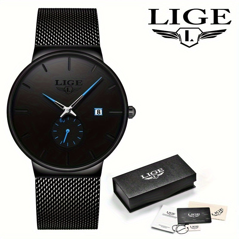 LIGE Minimalist Casual Men's Watch with Stainless Steel Mesh Belt. Leisure Fashion Men's Business Quartz Watches. Waterproof Calendar Wristwatch. Suitable for Gifts to Men.