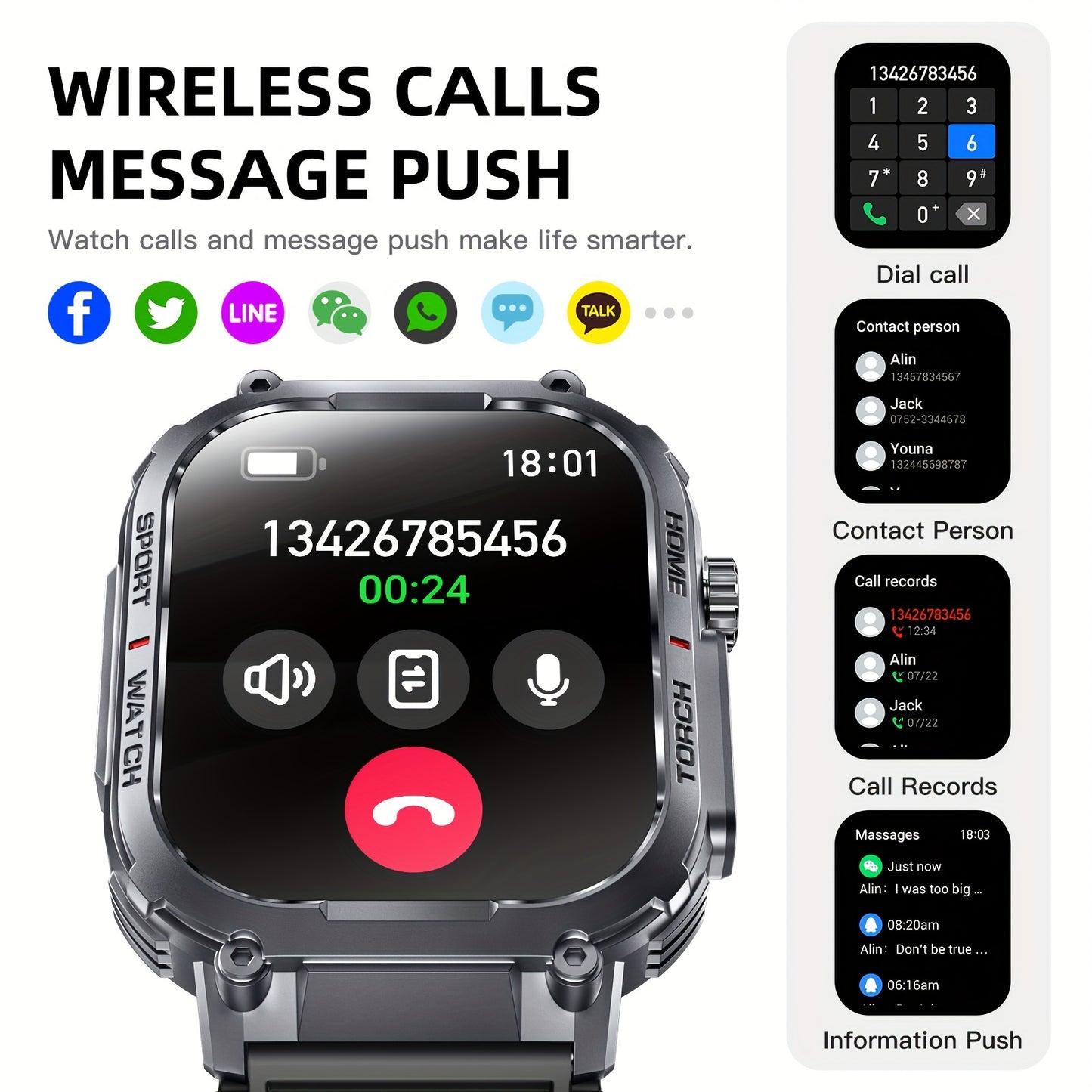 2.02" Smartwatch IP68 Waterproof for Men Women, Answer/Dial Calls Watch with LED Flashlight, Full Touch Screen Compatible with iPhone and Android Phones - Black