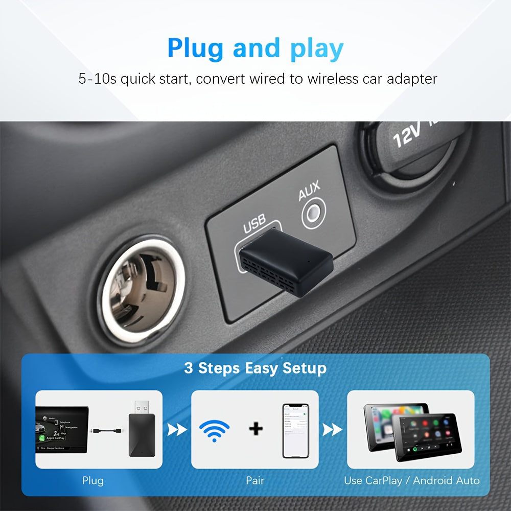 Universal 2-in-1 Wireless CarPlay and Android Auto Adapter - Plug & Play, Wi-Fi-Enabled, Low Latency Converter for iPhone iOS 12+ & Android Phones 11+, Car Media Interface Accessory Without Battery