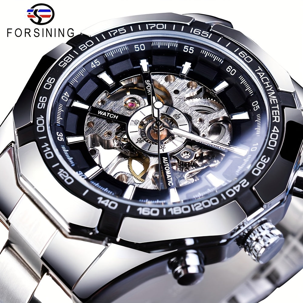 Forsining Stainless Steel Business Men's Automatic Mechanical Watches, Fashion Luminous Hollow Sport Wrist Watch, Ideal choice for Gifts