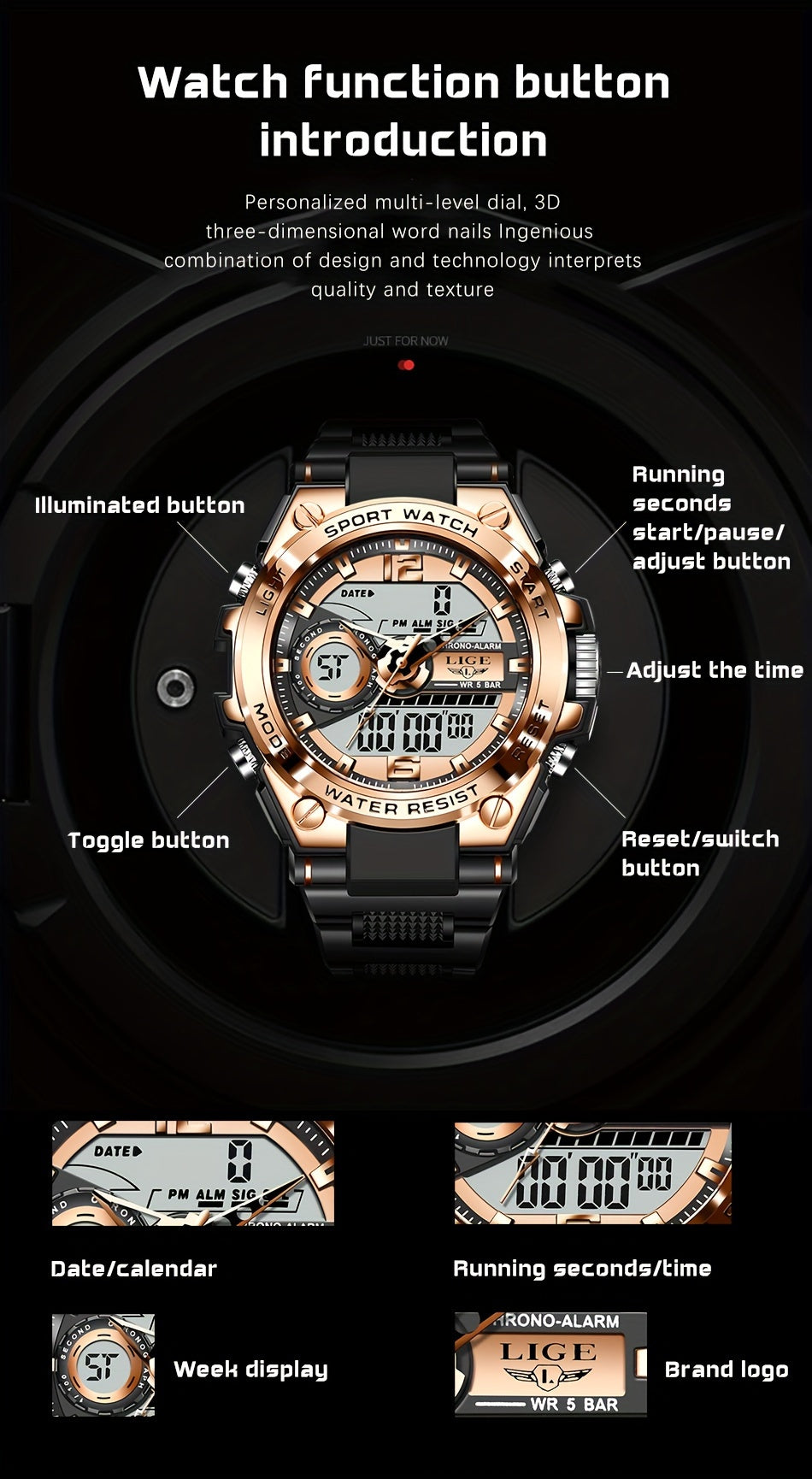 LIGE Electronic Watches For Men Luxury Sport Chronograph Alarm WristWatch Quartz Big Clock Digital Male Watch
