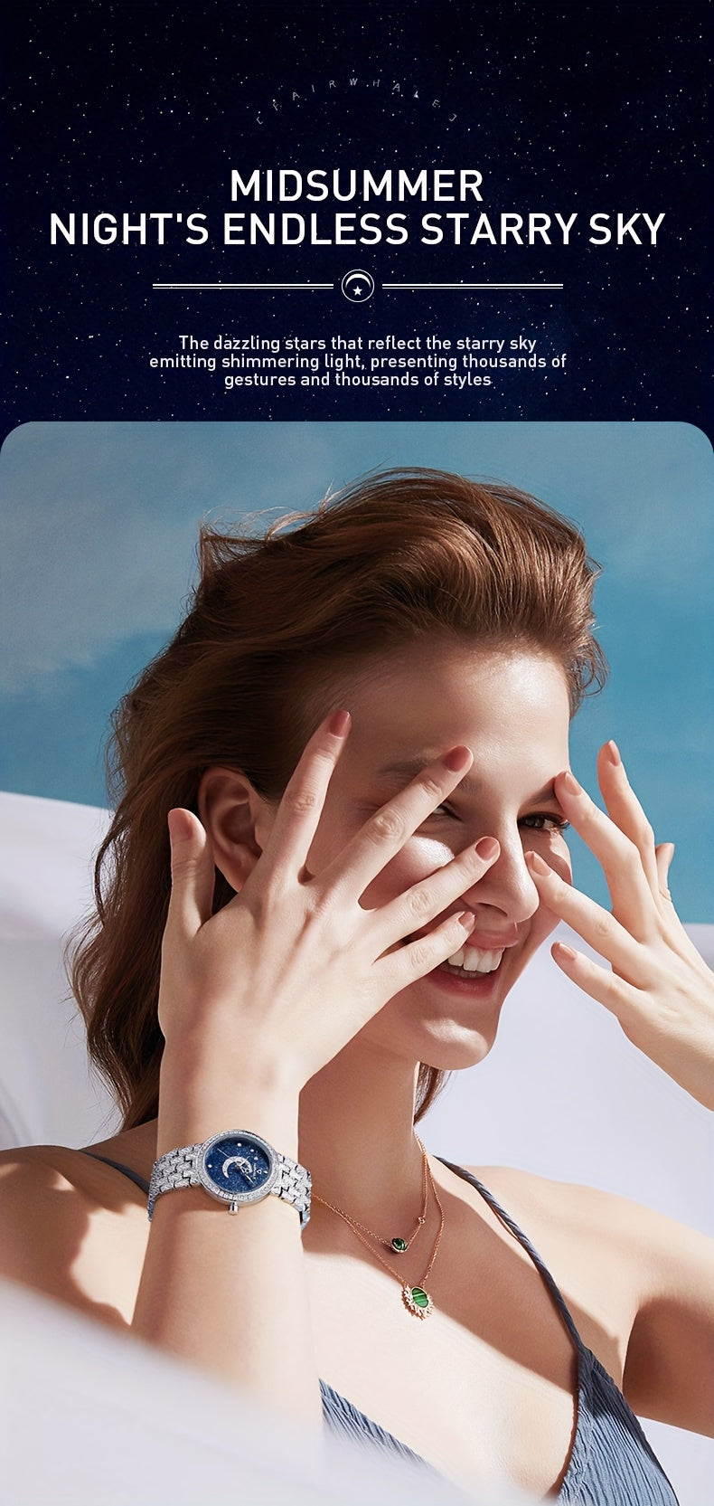 Round Quartz Watches Stainless Steel Strap Alloy Pointer Stainless Steel Rhinestone Dial Luminous Moon Phase Starry Sky Watches Gifts For Eid