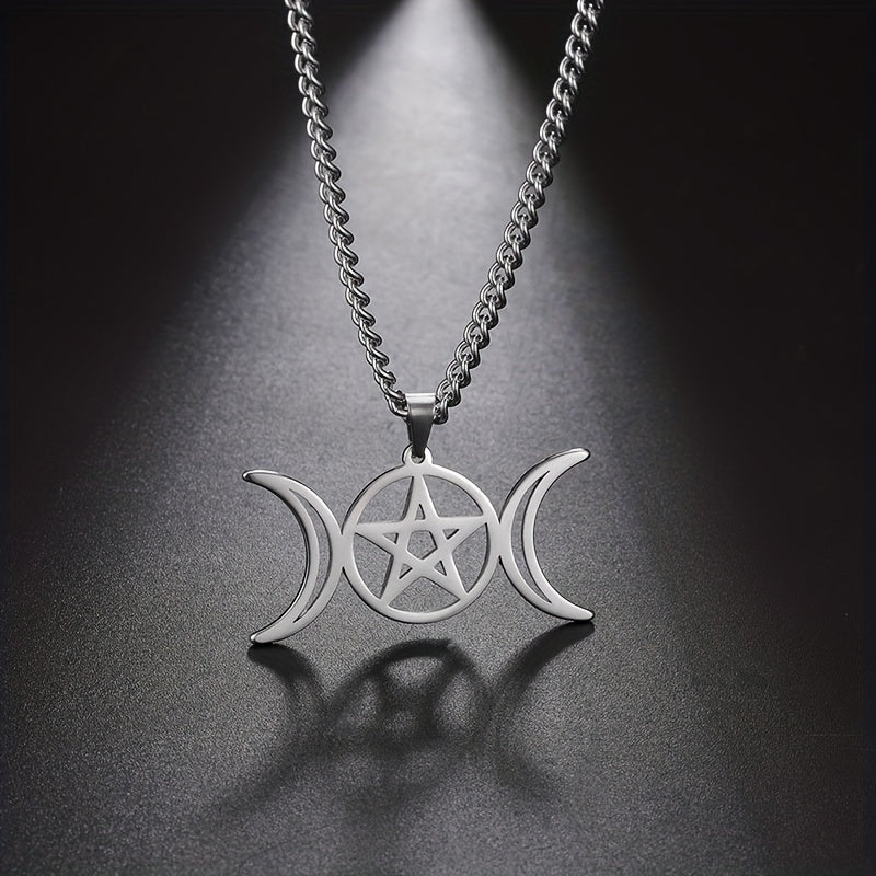 Moon Pentagram Round Pendant Necklace Stainless Steel Amulet Necklaces Jewelry