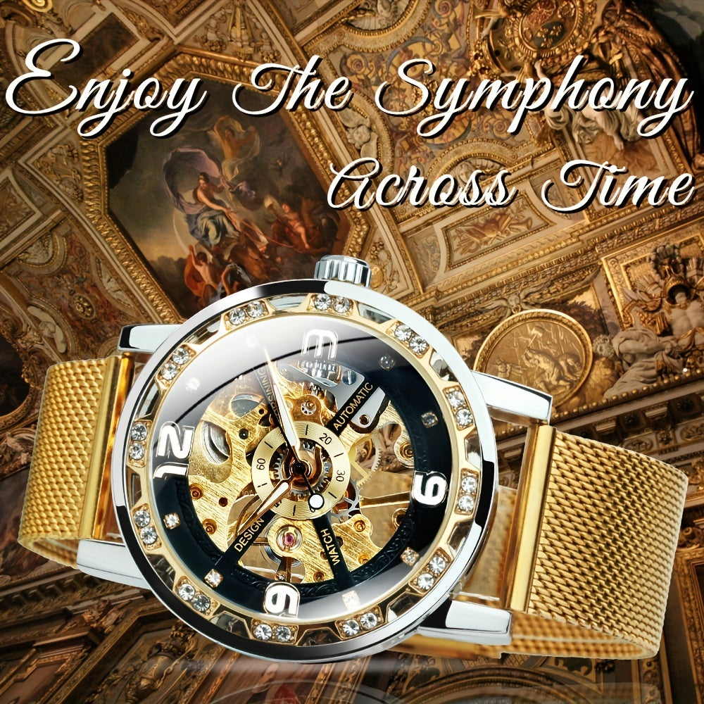 ساعة ميكانيكية عتيقة الهيكل العظمي بحزام من الفولاذ المقاوم للصدأ مرصعة بأحجار الراين، ساعة مضيئة، خيار مثالي للهدايا