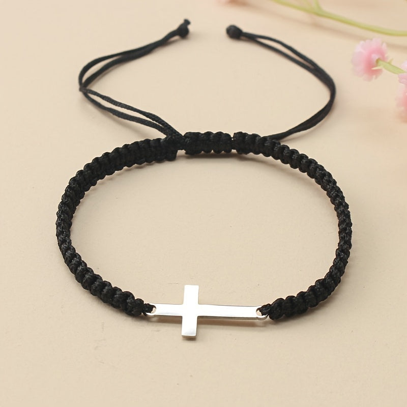 1pc Hand Woven Adjustable Stainless Steel Cross Bracelet Men's Hand Jewelry