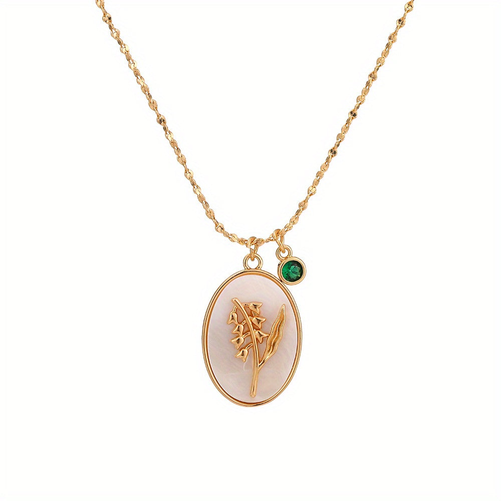 1pc Vintage Elegant 3D Birth Flower Pendant Necklace, 14K Golden Plated Copper with Synthetic December Birthstone, Oval White Shell Charm for Daily & Gift Occasions, Valentine'S Day Jewelry